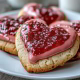Heart-shaped sugar cookies decorated with pink strawberry icing, perfect for a sweet Valentine's Day treat.  