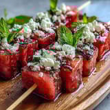 Colorful watermelon feta skewers drizzled with olive oil and balsamic glaze, perfect for refreshing party platters.  