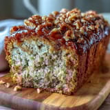 Moist banana bread made with sourdough discard, toasted walnuts, and a cinnamon-spiced brown sugar crust for extra flavor.  