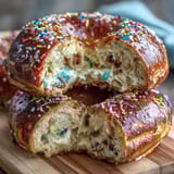 Protein-packed rainbow sprinkle birthday cake bagels, perfect for a festive breakfast or protein-rich snack.
