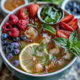 Guests create their own refreshing lemonade with fruit mix-ins, syrups, and sparkling water at this vibrant party setup.  