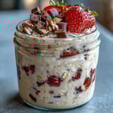 Layered strawberry chocolate chunk overnight oats in a jar, perfect for a healthy dessert or make-ahead breakfast.