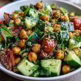 Healthy Easy Cucumber Chickpea Salad with Lemon Vinaigrette: A vibrant mix of crisp cucumbers, tender chickpeas, and juicy tomatoes tossed in a bright, zesty lemon dressing.