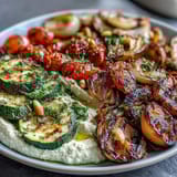 Vibrant grilled vegetable platter served with rich, homemade hummus for a healthy appetizer.  