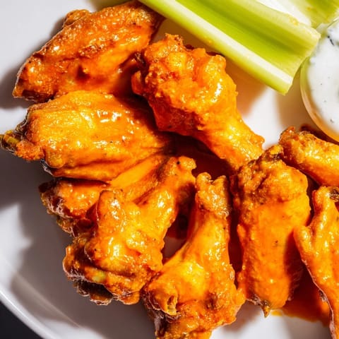 Close-up of crispy Buffalo wings coated in vibrant sauce, alongside cooling celery sticks and dip.