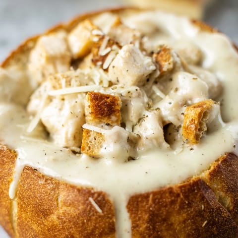 Steam rises from the hearty Chicken Alfredo bread bowl, revealing tender chicken in rich, velvety sauce.