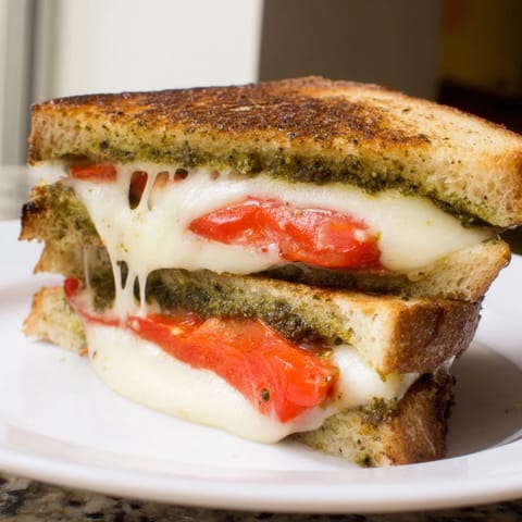 A close-up of a warm, toasted Caprese Pesto Grilled Cheese sandwich, oozing mozzarella and layered with fresh tomato slices.  