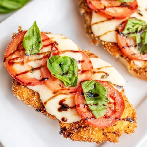 Close-up of a crispy chicken caprese sandwich with melty cheese, vibrant green basil, and juicy red tomato on rustic Italian bread.