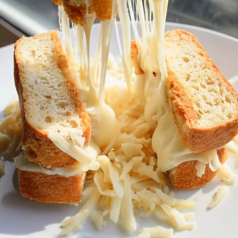 A close-up of a Mozzarella Stick Grilled Cheese, showcasing oozing cheese and crunchy marinara dipping sauce on the side.