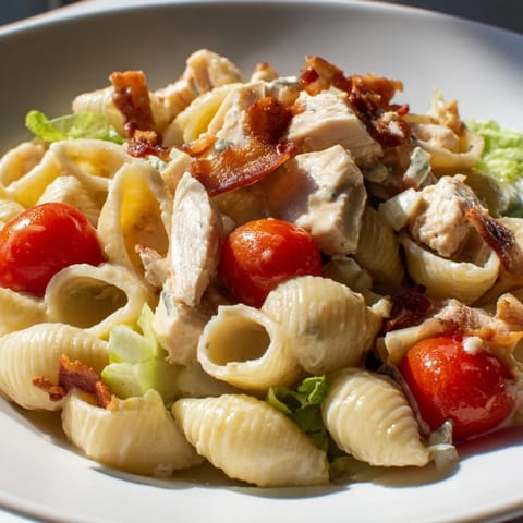 Vibrant BLT Chicken Pasta Salad with halved cherry tomatoes, diced chicken, crumbled bacon, and crisp romaine in a light mayonnaise-based dressing.  