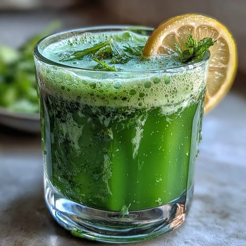 A refreshing pitcher of Celery Ginger Lemon Juice surrounded by chopped celery, fresh ginger, mint, and lemon on a rustic table.