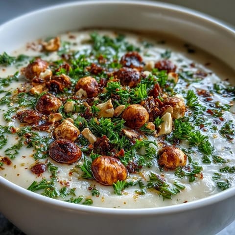 Silky, roasted Celeriac Soup with Hazelnut Crumble served warm, topped with golden, buttery nuts and green herbs.