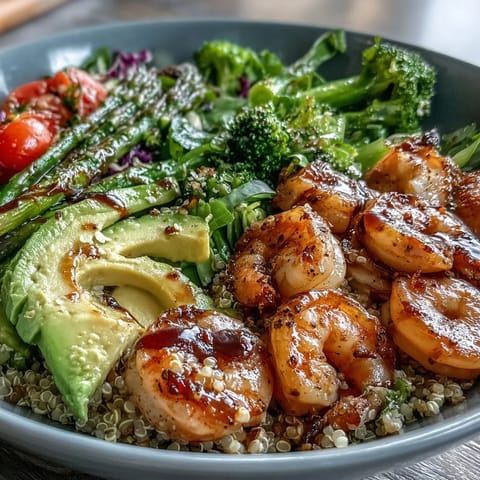 A vibrant Detox Buddha Bowl with Shrimp and Quinoa features fluffy quinoa, bright pink shrimp, crisp broccoli, and creamy avocado slices.