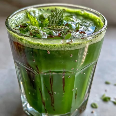 A tall glass of vibrant green detox smoothie garnished with fresh mint leaves, ready to sip on a sunny morning.  