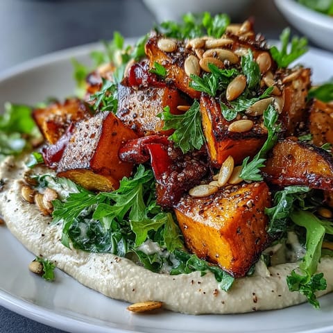 Roasted winter vegetables over creamy hummus, perfect for a satisfying main dish.