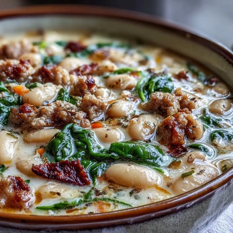 Spoonful of Creamy Tuscan White Bean Soup with Sausage lifted from the bowl, revealing tender beans, wilted spinach, and a velvety broth.