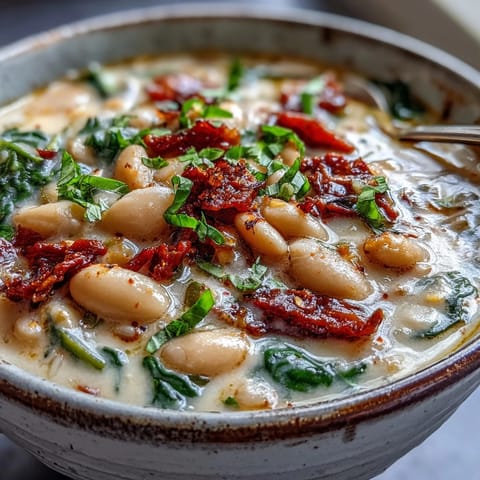 A warm bowl of Creamy Tuscan White Bean Soup topped with grated Parmesan, next to a slice of crusty bread.
