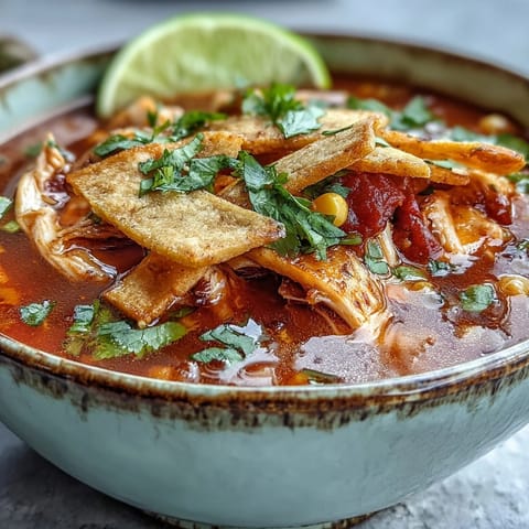 Ladle of Best Chicken Tortilla Soup with fresh cilantro and lime wedges on the side.