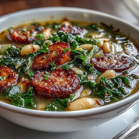 Hearty Italian White Bean Soup with Kale and Sausage ladled from a Dutch oven, paired with crusty bread on the side.