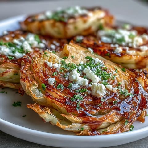 Hearty, caramelized cabbage steaks emerge from the oven with crispy edges, ready for a generous sprinkle of tangy feta and a sweet balsamic finish.