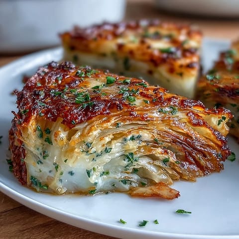 Tender roasted garlic parmesan cabbage wedges garnished with fresh herbs on a platter.
