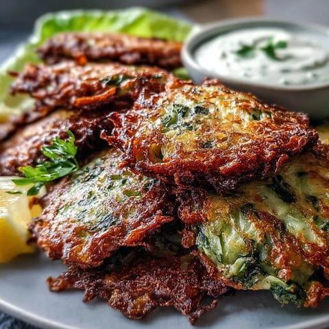 Savory cabbage fritters, lightly fried until crisp, served with a zesty condiment.