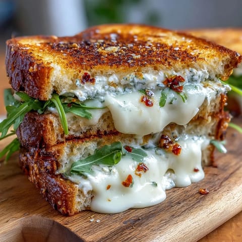 A close-up of a sliced Goat Cheese Grilled Cheese with Honey & Chili Flakes, revealing melted cheese and fresh pear slices.
