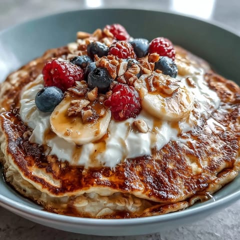 Sliced bananas and plump berries crowd a fluffy pancake base in a ceramic bowl, finished with a nut butter swirl and crunchy granola.