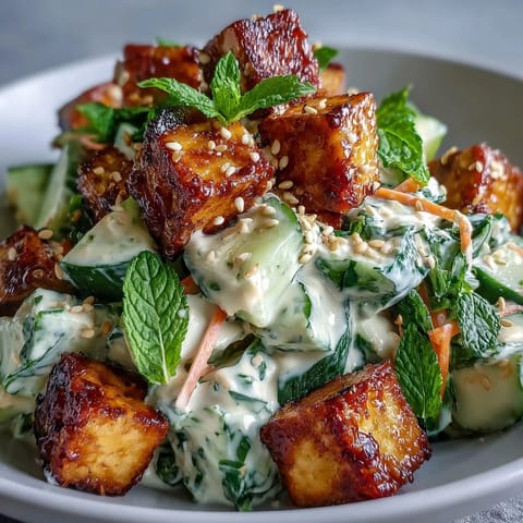 Close-up shot of Creamy Asian Cucumber Salad with Crispy Tofu highlighting the golden texture of the tofu.