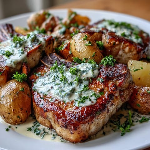 A slow cooker filled with golden Crockpot Ranch Pork Chops, baby potatoes, and carrots.