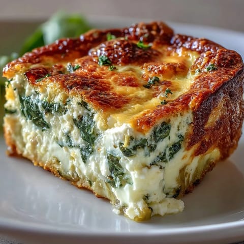 Spoon serving of High Protein Spinach Artichoke Bake with creamy cottage cheese and feta texture.