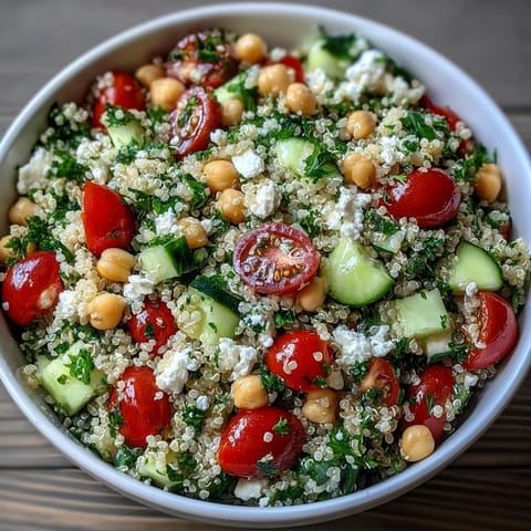 A close-up view of the High Protein Quinoa & Chickpea Salad with vibrant cucumbers and a lemony dressing.