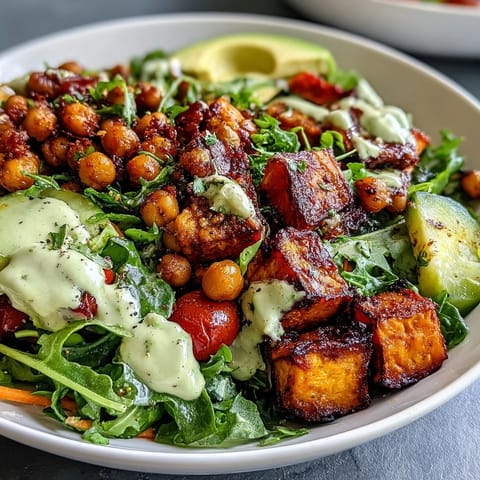 Colorful breakfast Buddha bowl with roasted sweet potatoes, crisp chickpeas, and veggies drizzled with creamy tahini dressing.