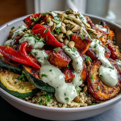 Lentil Power Bowl with tender lentils, quinoa, and caramelized roasted vegetables, drizzled with creamy tahini dressing and topped with pumpkin seeds.