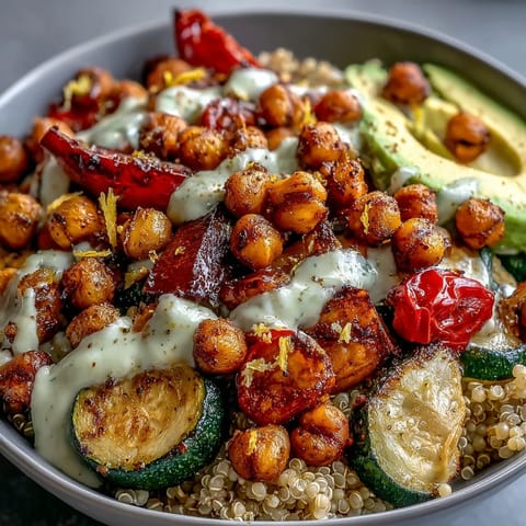 Colorful roasted vegetables and spiced chickpeas top fluffy quinoa in this vibrant Chickpea Power Bowl, finished with creamy tahini sauce and fresh avocado slices.