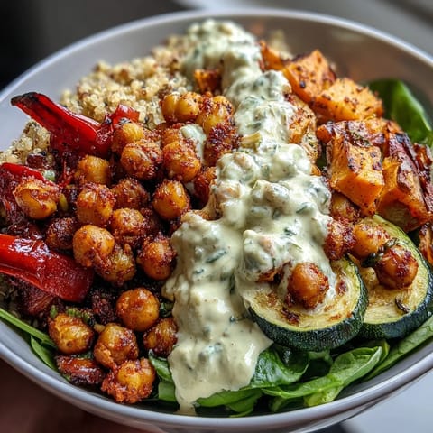 Roasted Chickpea Power Bowl topped with colorful roasted vegetables, fluffy quinoa, and a generous drizzle of tahini dressing.