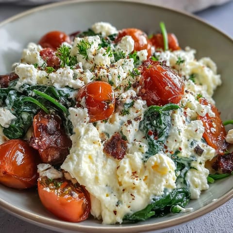 A close-up of a vibrant Spinach and Feta Breakfast Bowl featuring creamy scrambled eggs, wilted spinach, and juicy red tomatoes.