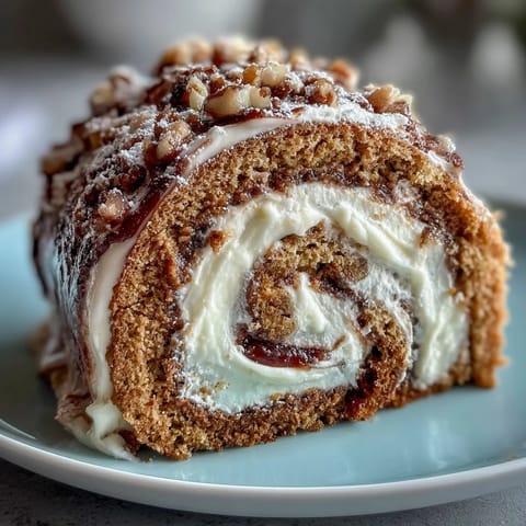 Freshly rolled Hojicha Roll Cake with velvety hojicha cream and bright mango slices on a marble board.
