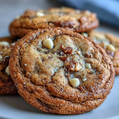 Freshly baked Brown Butter Hojicha & Earl Grey Cookies on a cooling rack with white chocolate chips, the edges crisp and golden brown.