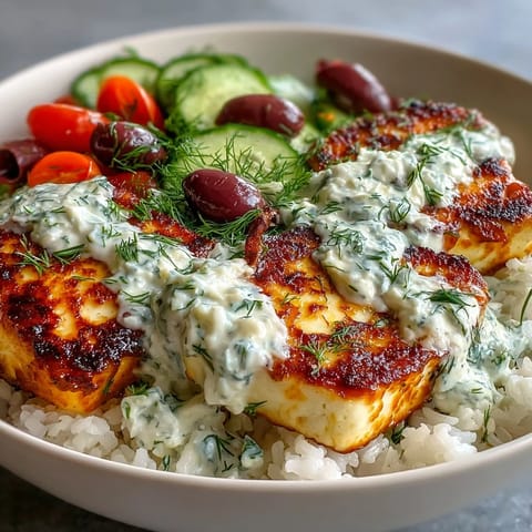 Golden-seared Greek Halloumi Power Bowl topped with creamy tzatziki, cucumbers, and tomatoes over fluffy rice.