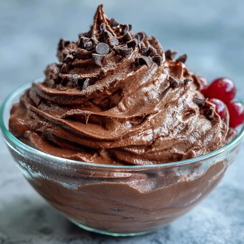 Aerial view of a bowl of fluffy chocolate protein fluff topped with fresh raspberries and chocolate chips.