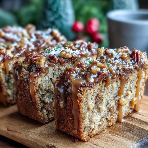 A sliced wedge of Christmas Toffee Crunch Cake reveals a moist interior with chopped pecans and a rich caramel aroma. 