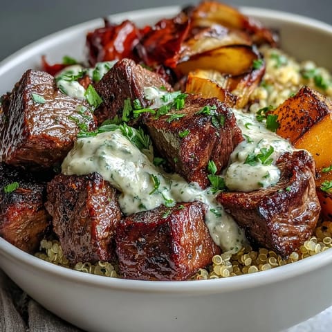A warm, cozy bowl featuring tender steak, sweet squash, and quinoa topped with fresh parsley, ready for a hearty weeknight dinner.