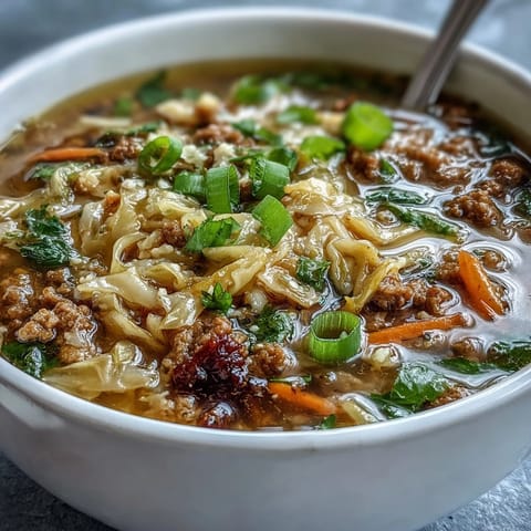 Steaming One-Pot Egg Roll Soup with savory ground pork, shredded cabbage, and bright green onions in a rustic bowl.
