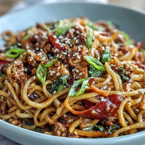 Bowl of Korean Turkey Fried Noodles garnished with scallions and sesame, steam rising from the wok