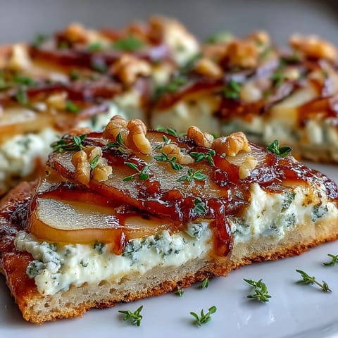 Slice of Goat Cheese & Pear Flatbread with melted cheese, juicy pears, and a sweet hot honey drizzle.