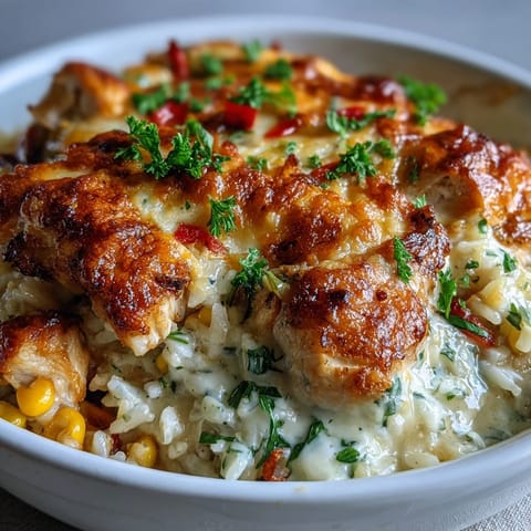 Steaming bowl of Creamy Garlic Chicken & Rice Casserole with golden melted mozzarella and Parmesan, served with a fresh green salad.