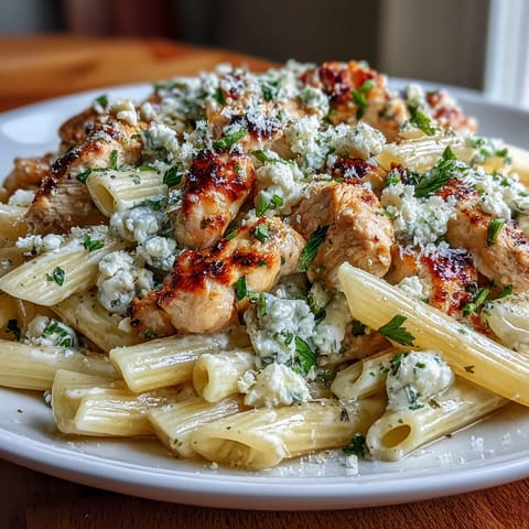 Plated Creamy Lemon Feta Chicken Pasta garnished with fresh parsley, crumbled feta, and lemon zest beside a fork.