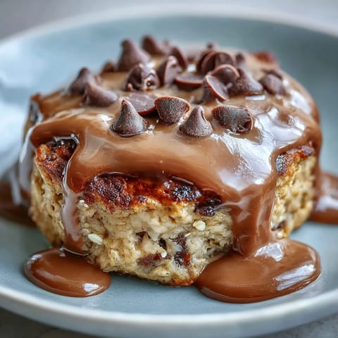 A warm Peanut Butter Cup Protein Pancake Bowl topped with a creamy peanut butter drizzle and mini chocolate chips.