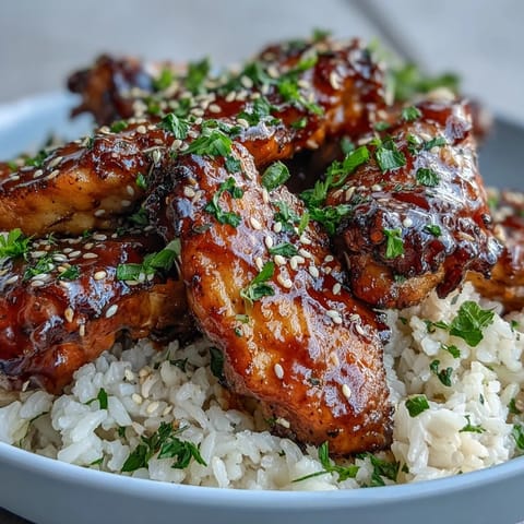 Juicy Oven-Baked Honey Garlic Chicken Wings & Rice plated, sticky glaze dripping, ready for a family-style dinner.